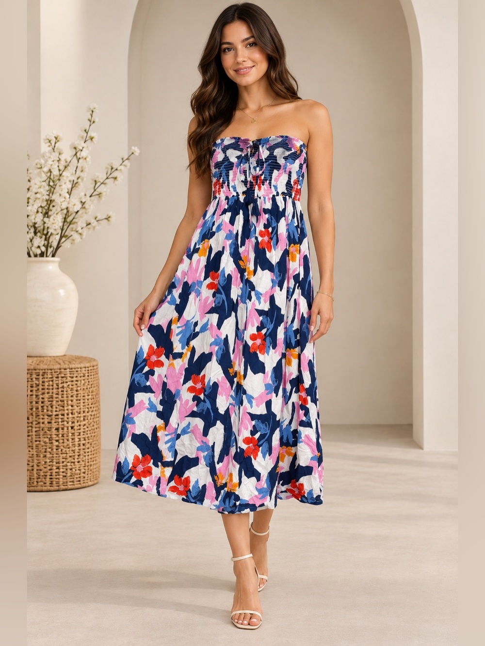 Marina Blu Floral Strapless Smocked Midi Dress Size M